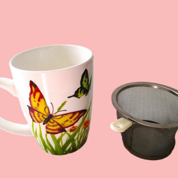 Teaopia Tea/Coffee mug with Tea Infuser, Yellow & Purple butterfies - Picture 8 of 8